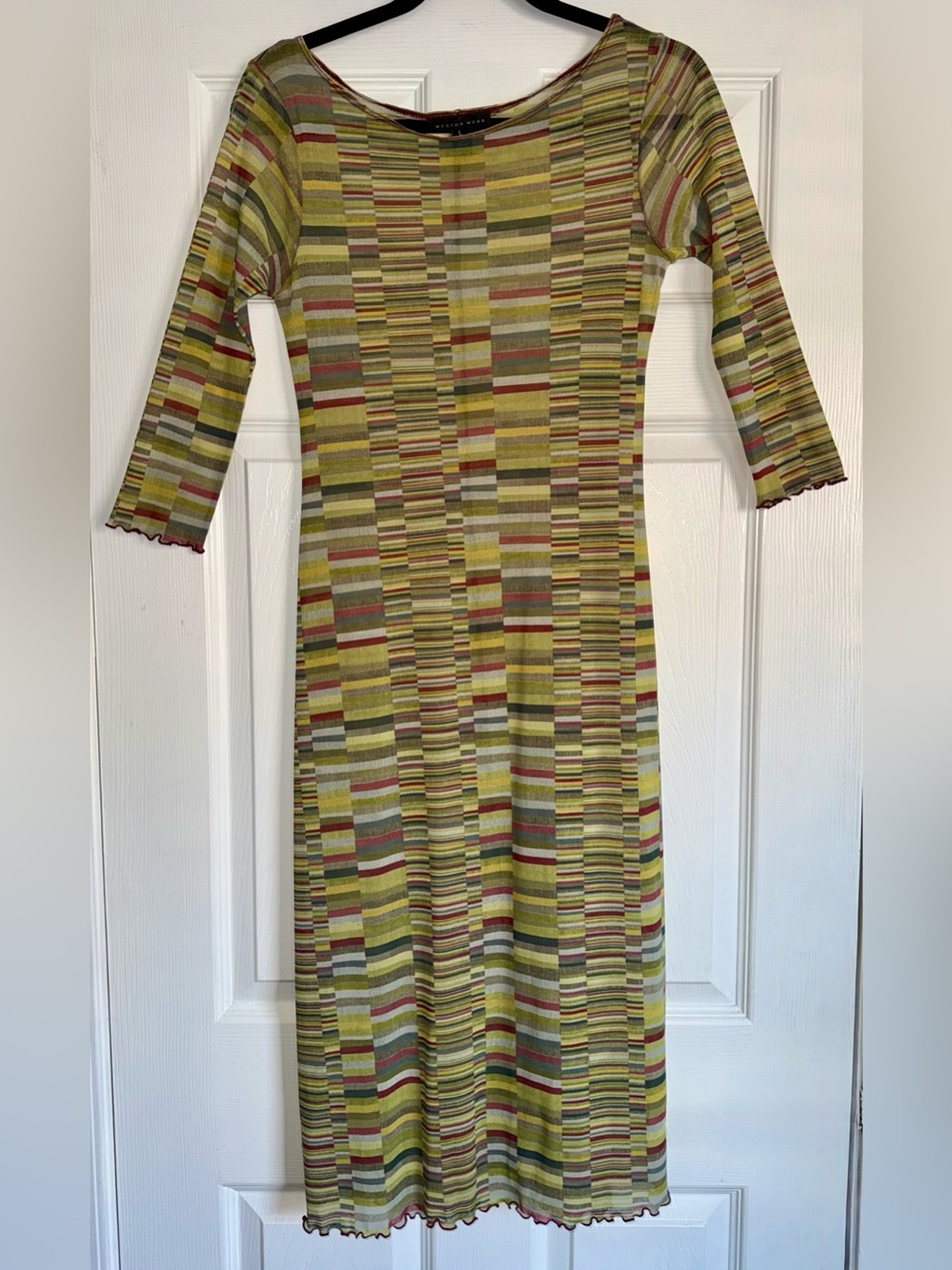 WESTON WEAR Sheer Mesh Multi Stripe Fuzzi Midi Dress L Y2K Vintage Boho Festival